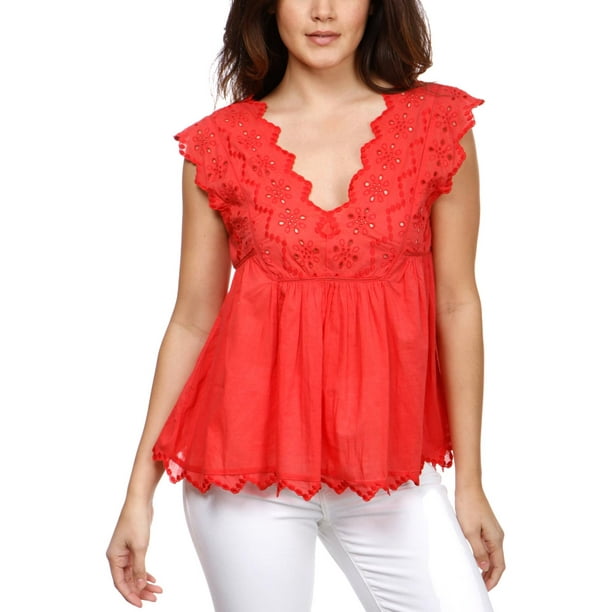 Lucky Brand Womens Eyelet Peasant Top 